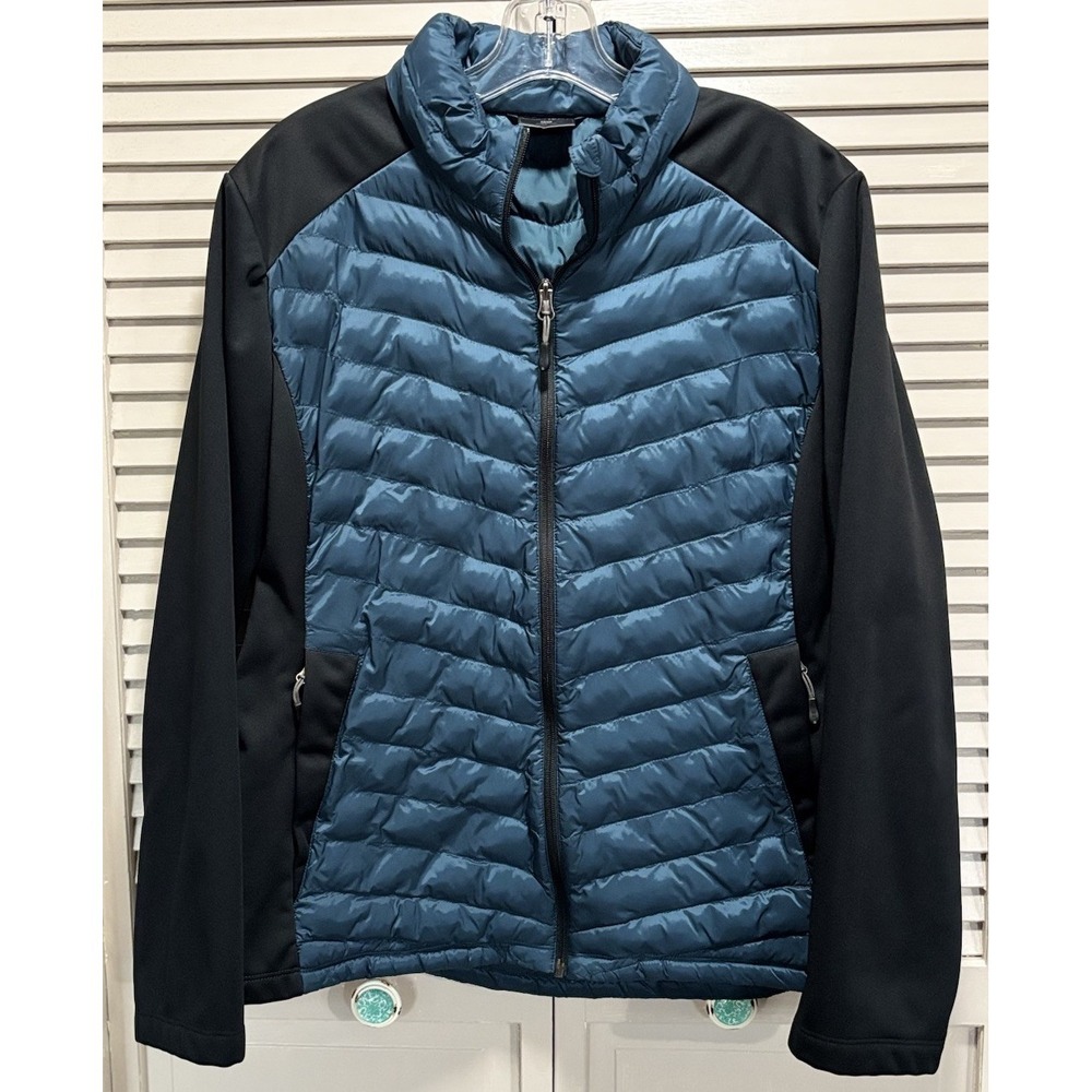 32 Heat Puffer Jacket Zip Up Size XXL Zip Pockets Collar Mixed Material Turq/Blk